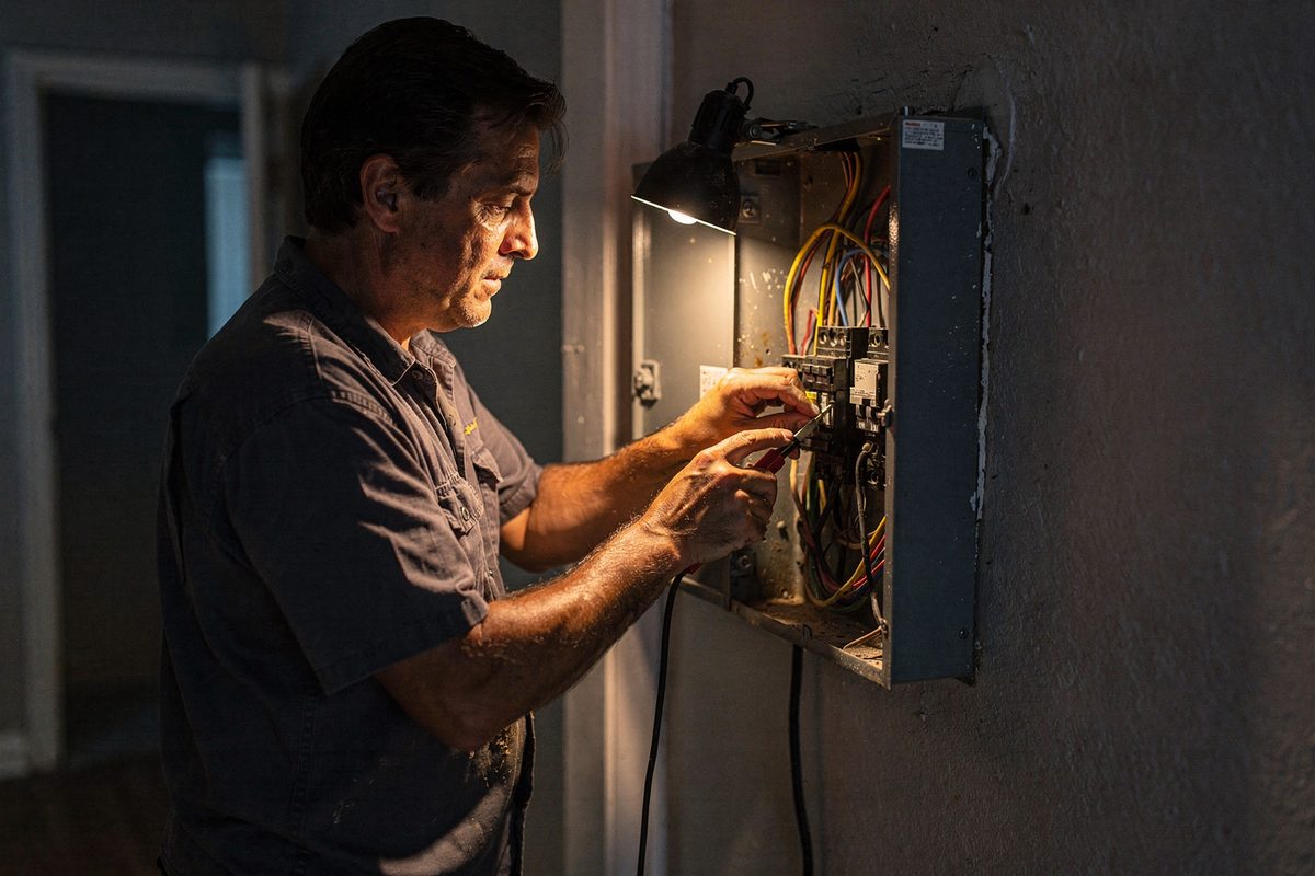 Evening electrical work lit by a clipped work light